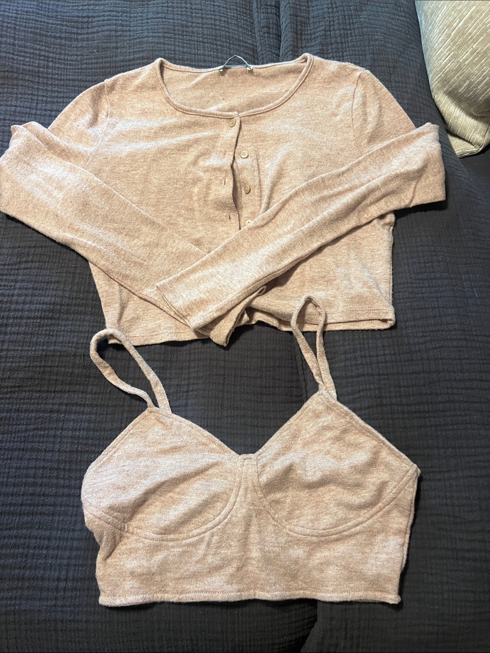 Zara Beige Knit Cropped Cardigan & Bralette Set